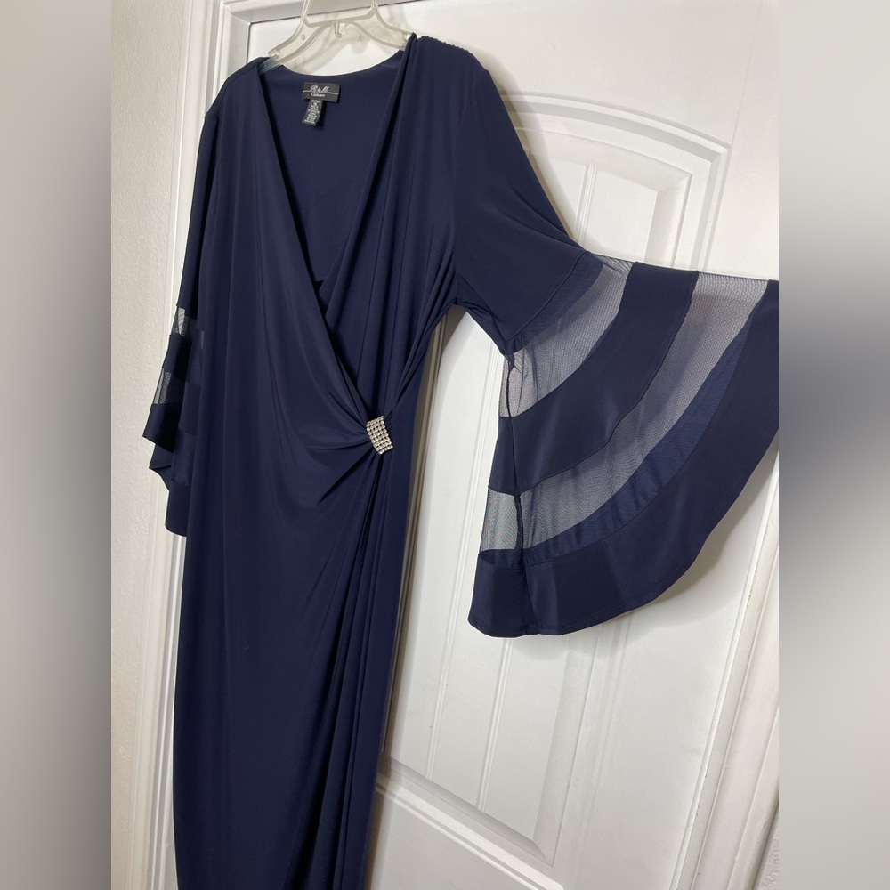 R & M Richards Long Faux Wrap Illusion Angel Sleeve Dress Size 16